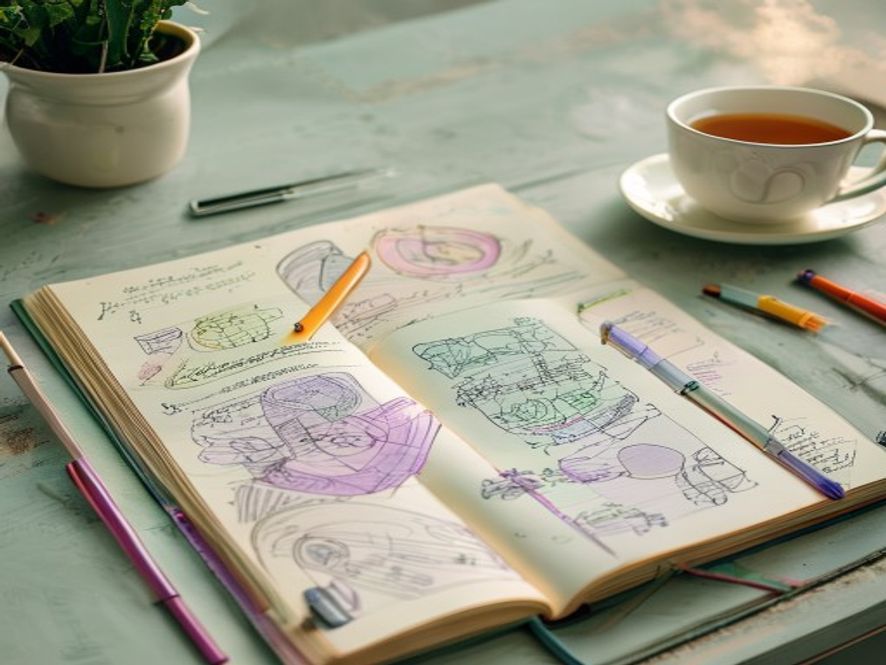 En åpen notatbok med sketchnotiater og fargekoder på et skrivebord