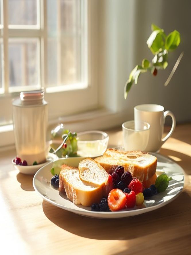 Hjemmelaget frokost med brød og bær på en enkel tallerkentilhørende på kjøkkenbord